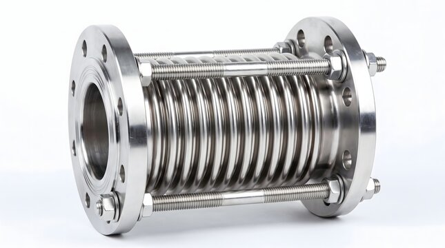 Stainless steel metal bellows expansion joint with flanges and tie rods.