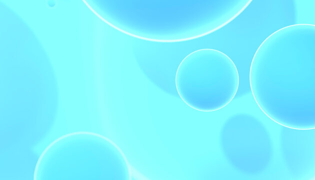Blue transparent bubbles floating on glowing soft abstract background