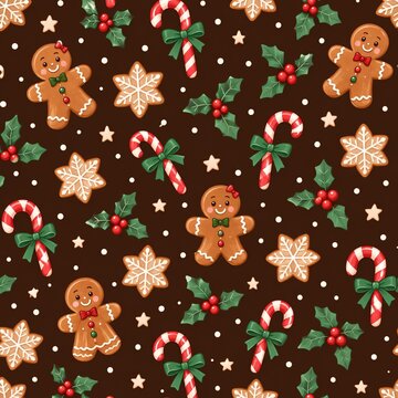 Vector style seamless Christmas pattern with gingerbread cookies and festive candy canes
