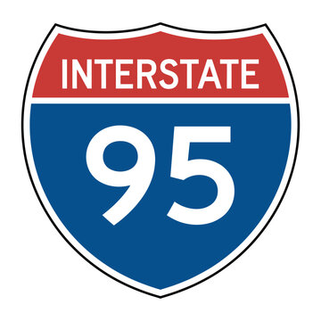 US Interstate 95 Highway Icon, route number road sign symbol for interstate travel, navigation, transportation, roadway maps, and flat vector design.