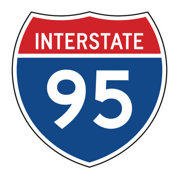 US Interstate 95 Highway Icon, route number road sign symbol for interstate travel, navigation, transportation, roadway maps, and flat vector design.