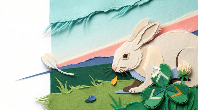 Rabbit nibbling on clover in a colorful paper landscape  