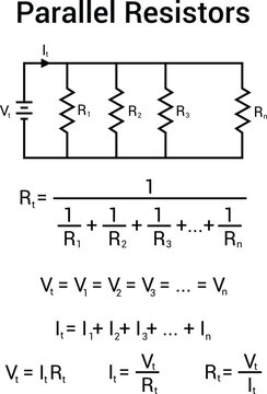 Diagram of resistors connected in parallel with electrical formulas and circuit schematic showing total voltage, current, and resistance calculations
