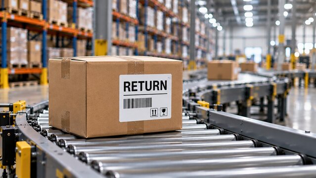 Return package moving on warehouse conveyor with clearly labeled RETURN box, representing ecommerce product returns, reverse logistics and fulfillment processing.
