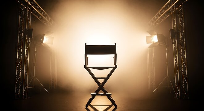 Directors Chair on Stage Bathed in Dramatic Light and Theatrical Fog