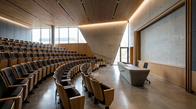 Modern empty university lecture hall with rows of seats and a podium stage