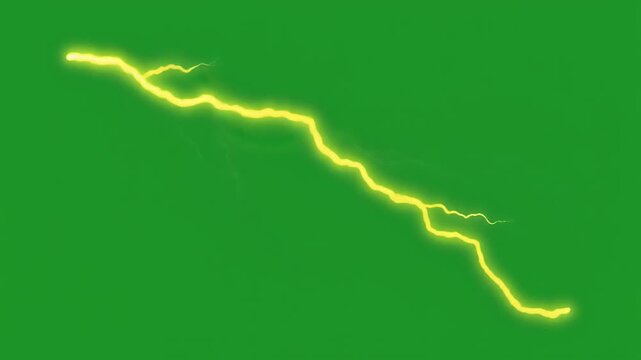2d lightning animation, yellow lightning bolt isolated on green screen