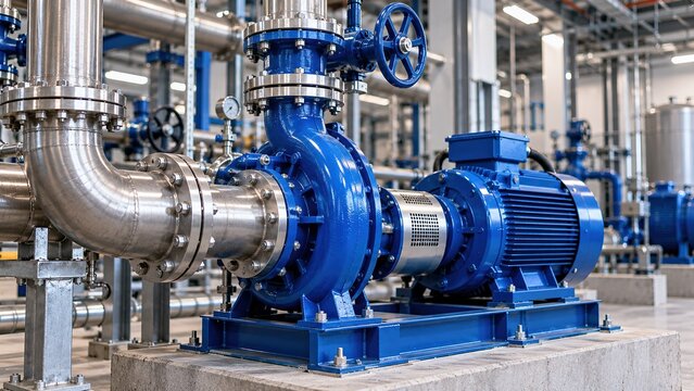 close up of Centrifugal pump connected to stainless steel process piping in industrial facility, representing fluid handling, mechanical engineering and pumping technology.