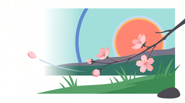 Cherry blossoms in spring with sunset background and green grass  