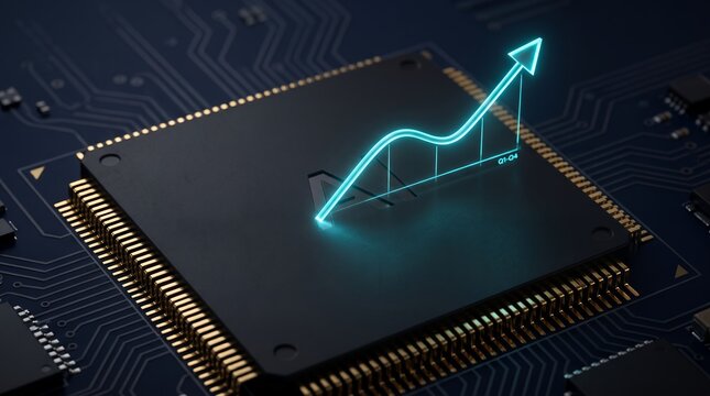 Glowing digital arrow graph pointing upward above a modern microprocessor chip mounted onto a complex electronic motherboard circuit board with intricate metallic traces microchip