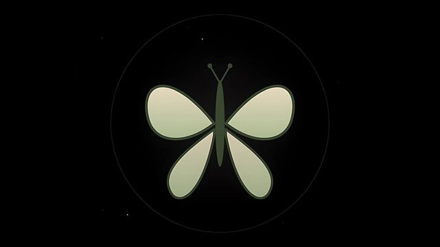 Seamless looping butterfly wings flapping with glowing halo and orbiting pollen particles on a soft sage beige background