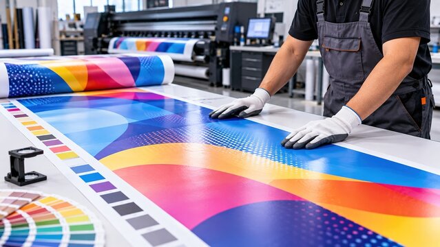 Technician inspecting large format printed media for color and print quality, representing digital printing, quality control and commercial graphics production.