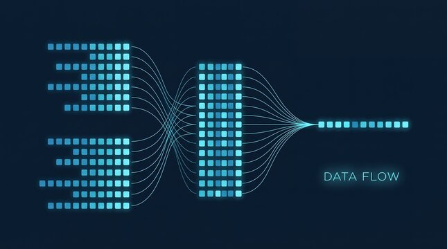 Glowing digital data flow diagram visualizing information processing with interconnected nodes and glowing cybernetic threads connecting block arrays into single stream network