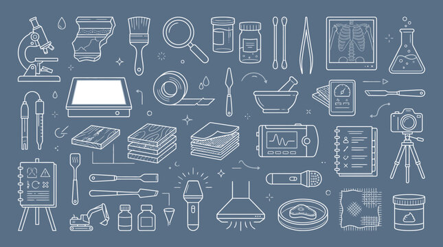Forensic science and crime investigation tools are depicted as a comprehensive collection of linear icons, illustrating various methods and instruments used in criminalistics on a solid gray.