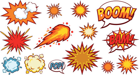 Comic book explosion vector element set featuring colorful bright boom bam and pop speech bubbles with graphic bursts © Sakouat