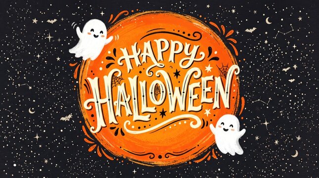 Happy Halloween handwritten lettering with cute ghosts and starry night background for seasonal greeting cards