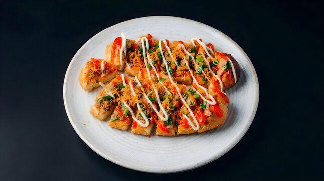 B&aacute;nh m&igrave; nướng muối ớt- grilled chilli salt bread-Flat-pressed baguette slices grilled to a golden-brown, crispy crunch with a zigzag pattern of rich, creamy white mayonnaise and bright red chili sauce
