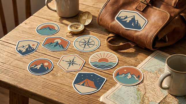 Set of adventure travel stickers on a wooden table with leather bag and map