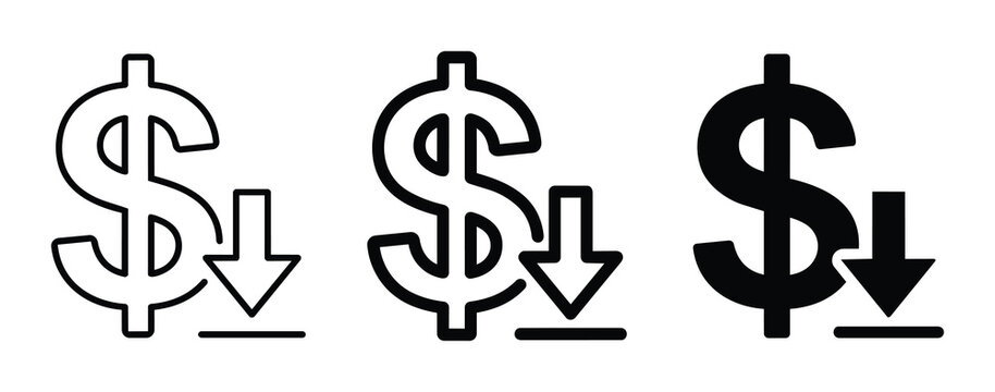 Dollar Sign Down Arrow Icons, Price Decrease, Cost Reduction, Financial Drop, Vector Set