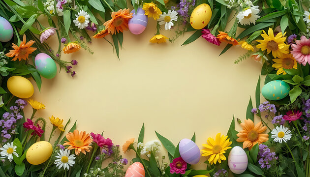 Easter floral frame with colorful eggs and spring wildflowers. Vibrant holiday border on yellow background. Festive nature composition for greeting cards.
