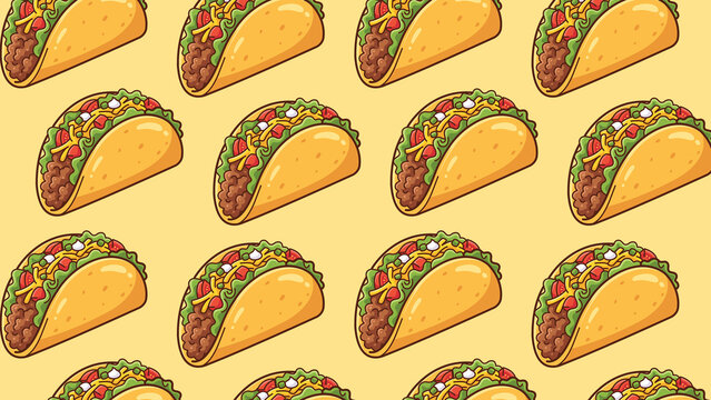 Cute taco flat vector illustration featuring a crispy taco shell filled with seasoned beef, fresh lettuce, tomato, cheese, sour cream, and jalape&ntilde;o, isolated on a soft cream background with a subtle s