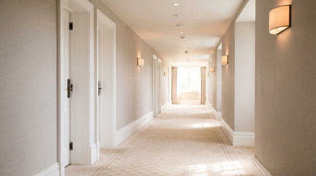 Modern luxury hotel corridor with hospitality design and bright minimalist lighting