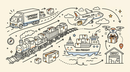 Fototapeta premium A charming cartoon illustration of a global logistics and supply chain network, featuring trucks, trains, airplanes, ships, and drones transporting packages to a storage warehouse.