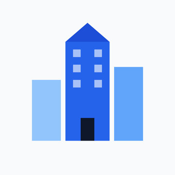Blue house and skyscraper city building icon with real estate