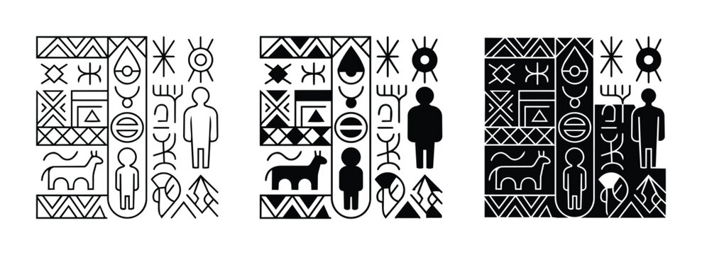 Tribal Symbols Vector Set: Ancient Art, Geometric Patterns, Human Figures, Animals, Nature Elements