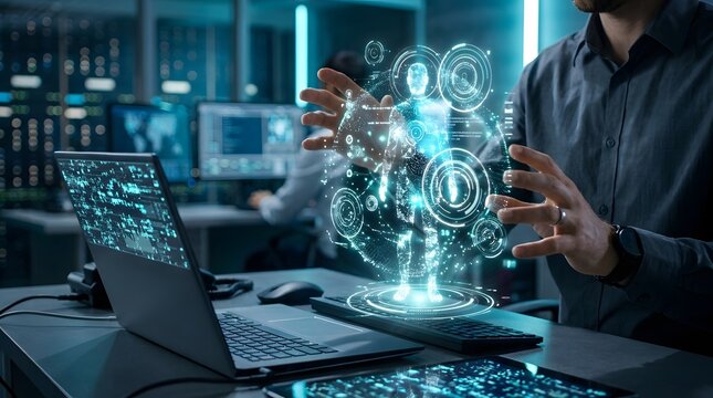 A futuristic depiction of a technician interacting with a complex holographic projection showcasing advanced technology and data visualization in a modern