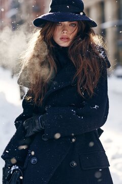 Fashion editorial featuring a woman in a dark coat and hat, standing in a snowy urban environment with snowflakes falling around her