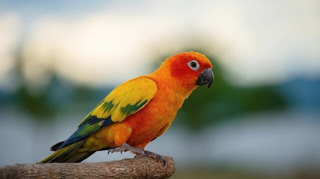 Cute sun conure parrot looking around stock footage
