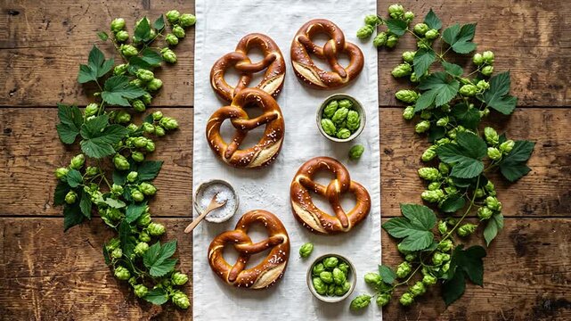 Freshly Baked Salted Pretzels with Green Hops on Rustic Wooden Table