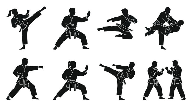 Set of martial arts silhouettes showing people practicing combat moves
