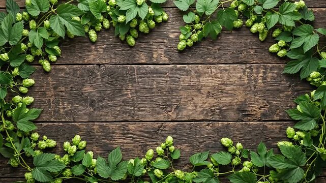 Green Hop Cones and Leaves Frame Arranged on Rustic Brown Wooden Table