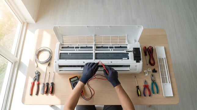 Air conditioner repair technician tests an open AC indoor unit with a multimeter on a work table.