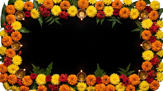 Diwali festival border frame with marigold flowers and lit oil lamps isolated on transparent background