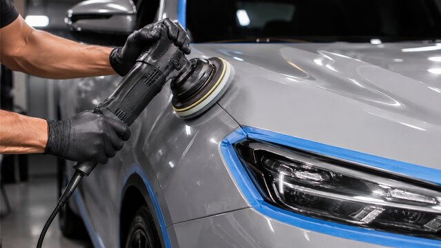 Auto detailing technician uses a machine polisher on car paint near a masked headlight, performing professional paint correction, surface polishing, scratch removal, and vehicle finish restoration.
