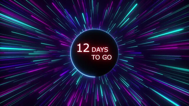 Neon 12 days to go animation. Neon counting number animation 12 days to go. line glowing on a black background. and creating a stunning 4k video.