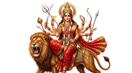 Fototapeta premium Goddess durga riding a lion isolated on transparent background