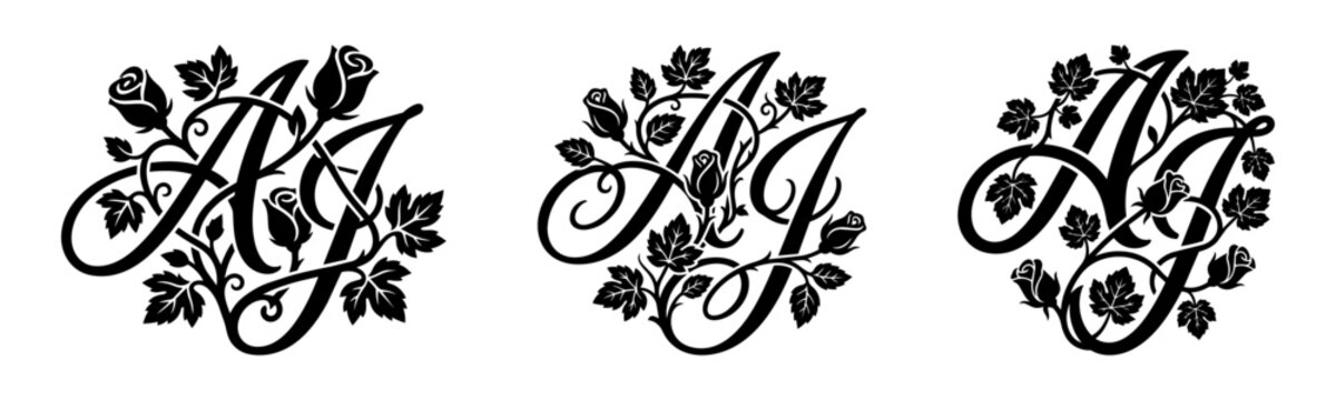Vintage AJ Monogram Vector Set with Floral Rose Vines and Calligraphy