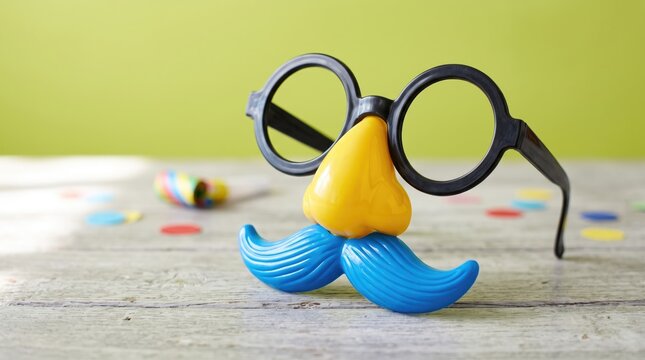 Novelty disguise glasses with blue mustache and yellow nose on a wooden table with confetti