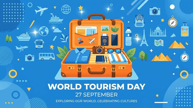 Open Suitcase Packed for Travel with Global Tourism Icons and Symbols
