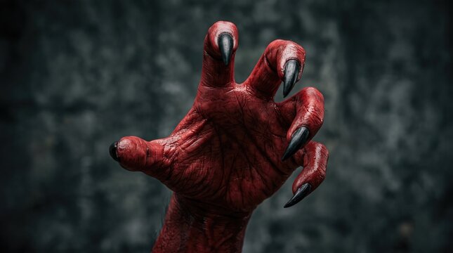 Red demonic claw reaching from darkness with sharp black nails against a textured background