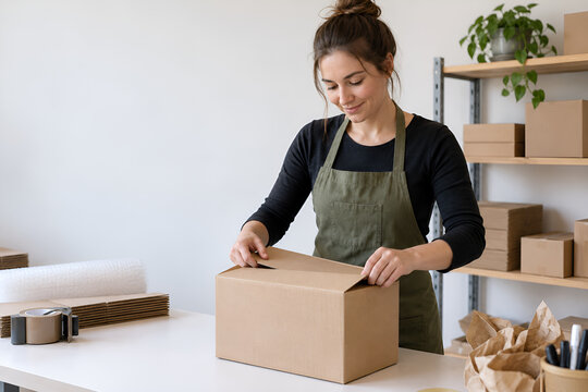A retail associate preparing a plain recyclable parcel