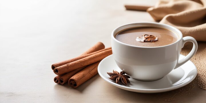 Warm cup of champurrado drink with rich chocolate and cinnamon on a soft white background