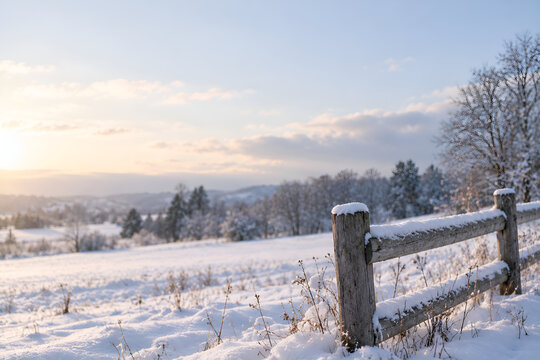 Snow settling on a simple wooden fence in a quiet field