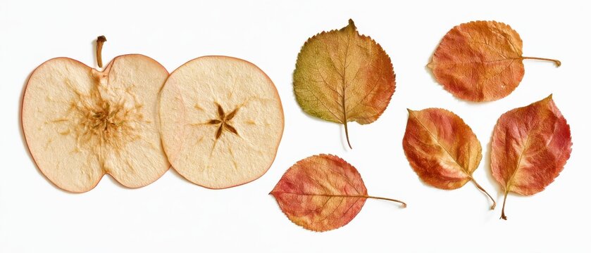 Set of pressed sliced apple and apple leaves, unique botanical flat lay, pure white background