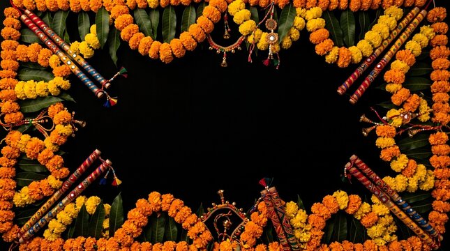 Dandiya sticks and marigold flower garland frame