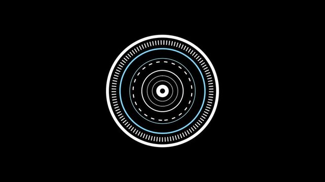 Futuristic digital HUD element for motion graphics design showing concentric spinning circles with glowing light pulses in seamless loop animation on black background.